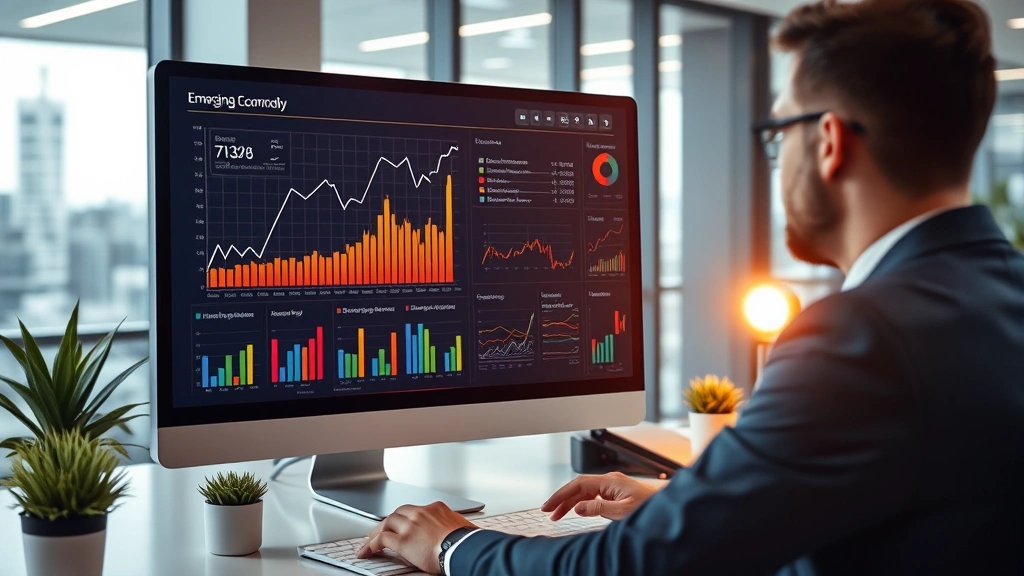 Data analytics dashboard displaying market growth charts and emerging economy metrics on computer monitor, business professional reviewing sunrise market investment opportunities, modern office environment with financial analysis visuals