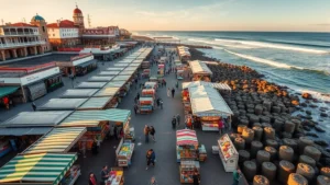 Aerial view of bustling oceanside marketplace with colorful vendor stalls, customers browsing diverse products, ocean horizon visible in background, golden afternoon lighting, vibrant outdoor retail environment