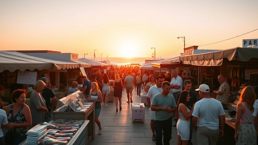 Wide shot of oceanside market during sunset hours with vendors and customers interacting, warm golden light, ocean backdrop, community gathering atmosphere, diverse shopping activities