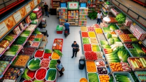 Overhead view of a well-organized Asian grocery store with vibrant produce displays, fresh vegetables in organized bins, customers browsing shelves with diverse ethnic food products, natural lighting highlighting product freshness and retail organization