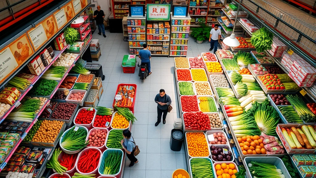 Overhead view of a well-organized Asian grocery store with vibrant produce displays, fresh vegetables in organized bins, customers browsing shelves with diverse ethnic food products, natural lighting highlighting product freshness and retail organization