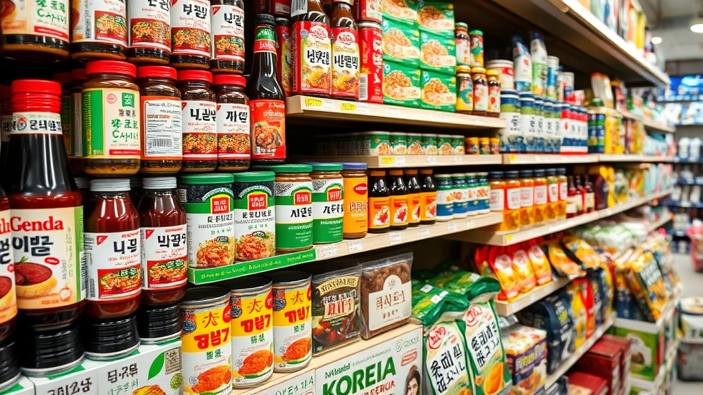 Close-up of diverse Korean grocery products on shelves including sauce bottles, canned goods, and packaged items with Korean text, showing product variety and retail merchandising in specialty ethnic grocery environment