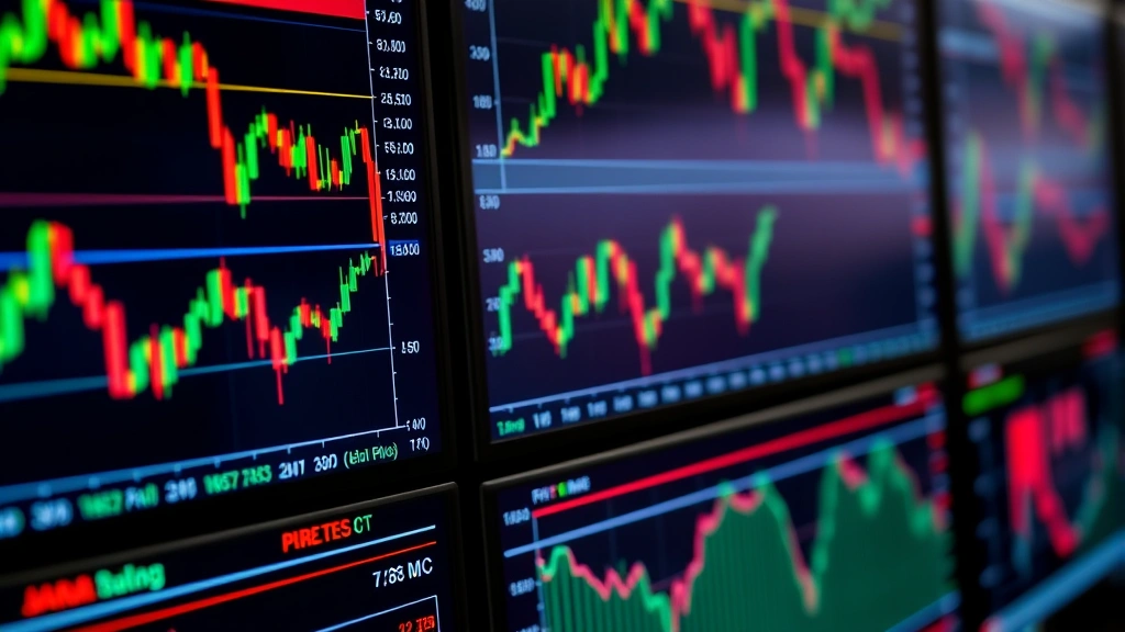 Close-up of multiple stock market monitors displaying real-time candlestick charts with green and red price movements, showing active trading dashboard with various technical indicators and price levels