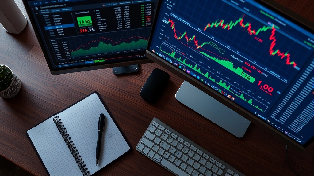 Overhead view of trading workspace with notebook, pen, and keyboard beside glowing monitor displaying portfolio performance metrics, market indices, and trading platform interface with position management tools