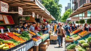 Bustling urban farmers market with diverse vendors selling fresh produce, prepared foods, and artisanal goods, customers browsing stalls on a bright sunny day, natural lighting showing vibrant colors of fruits and vegetables, authentic community marketplace atmosphere