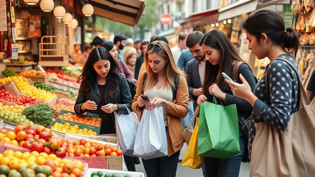 Diverse group of shoppers at outdoor market examining fresh produce displays, holding shopping bags, examining items at different vendor stalls, genuine customer engagement and discovery moments, realistic urban market setting with varied vendor booths