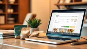Professional ecommerce shopping scene: laptop displaying online checkout with organic product packages arranged neatly on desk, warm lighting, focus on digital transaction and natural product packaging