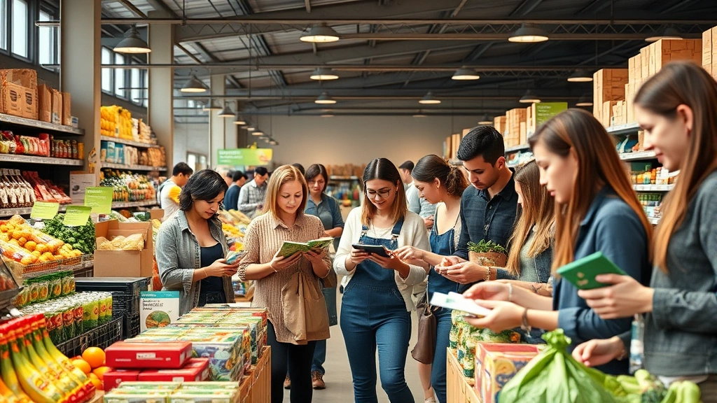 Diverse group of people browsing organic grocery items in modern warehouse-style setting, examining product labels and packages, natural lighting, emphasizing community shopping experience