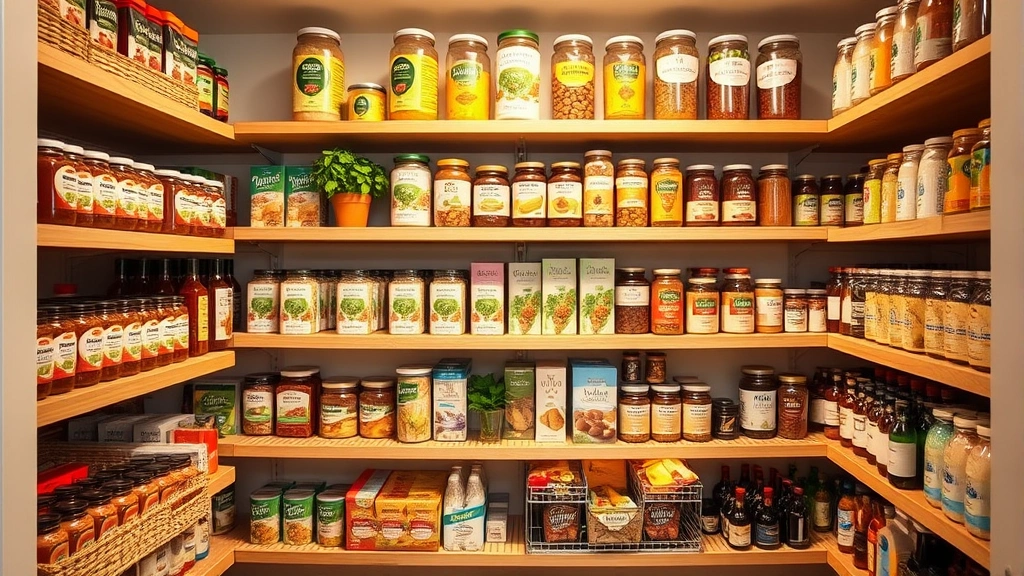 Organized home pantry shelves stocked with healthy organic products, natural non-GMO items neatly arranged, warm ambient lighting, showing successful shopping and storage organization