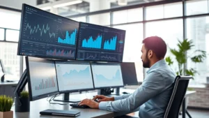 Professional business person analyzing digital marketing metrics on multiple computer monitors in a modern office setting, showing charts and analytics dashboards with growth trends, natural lighting from windows, contemporary workspace