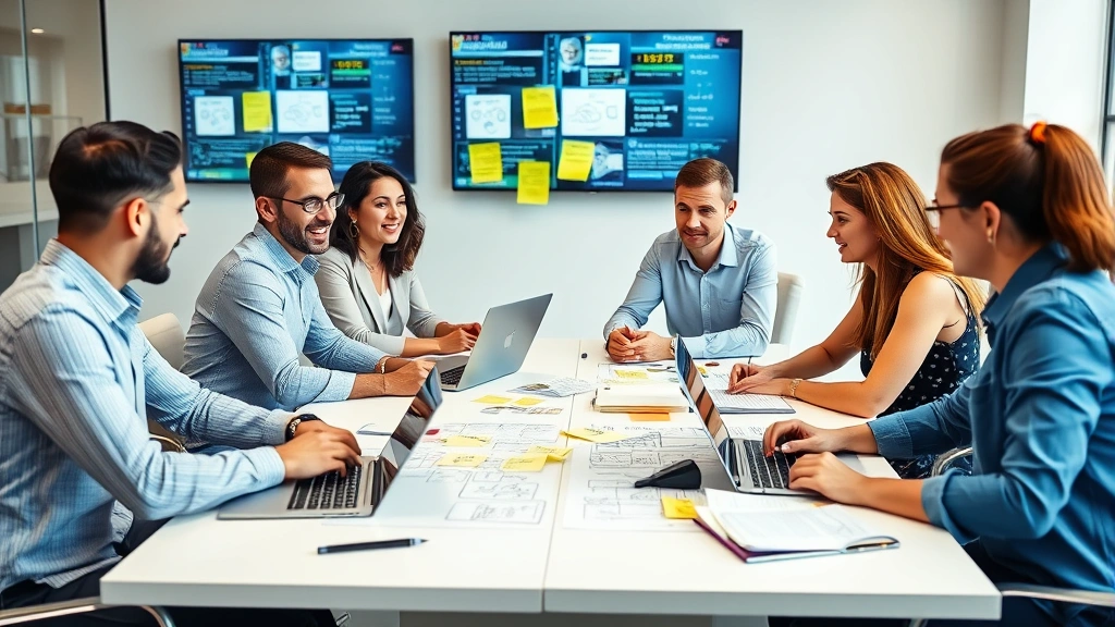Team of marketing professionals collaborating around a conference table with laptops and notebooks, brainstorming marketing strategy with sticky notes and diagrams visible, diverse group, bright office environment with digital screens in background