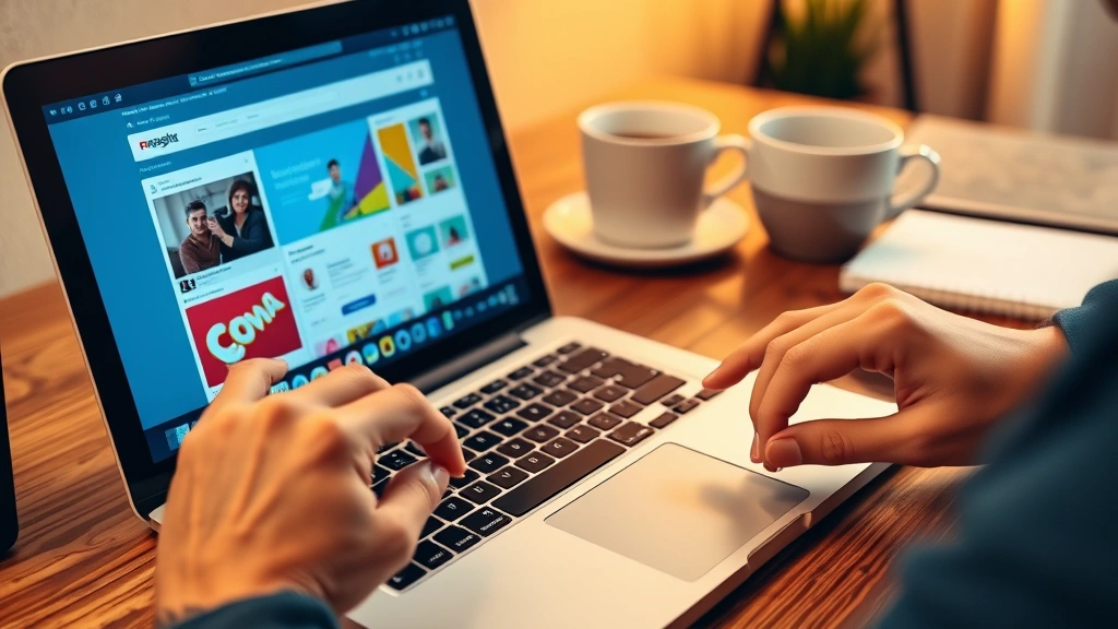 Close-up of hands typing on keyboard with smartphone beside laptop displaying colorful social media and email marketing campaign interface, coffee cup and notepad on desk, warm office lighting showing digital marketing work in progress