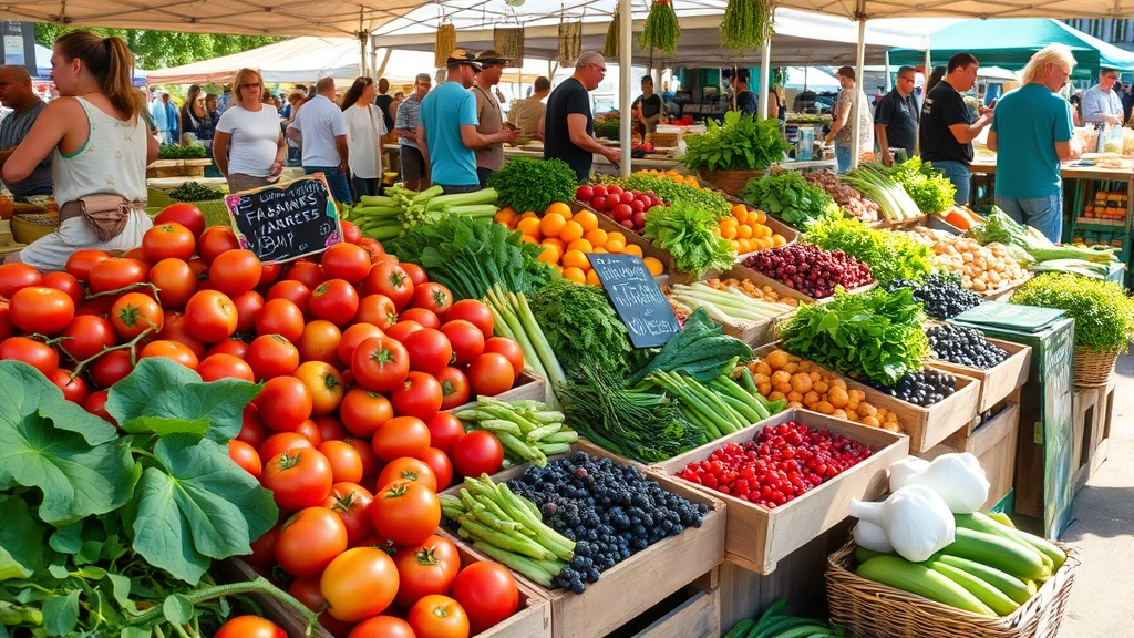 Vibrant farmers market scene with diverse produce display including fresh tomatoes, leafy greens, berries, and seasonal vegetables arranged in wooden crates and baskets, customers browsing in morning sunlight, vendor stalls in background