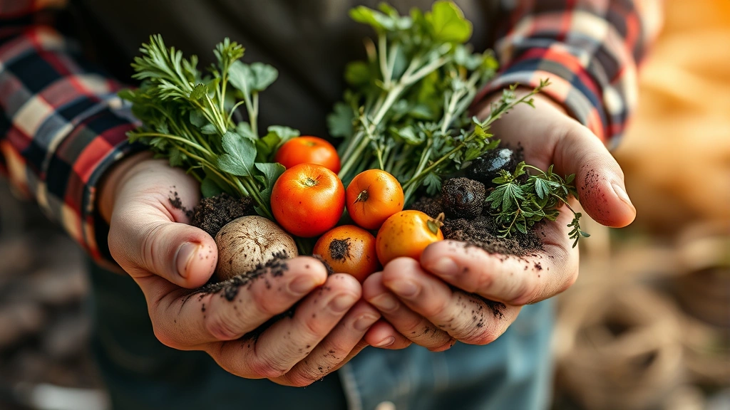 Close-up of farmer's hands holding fresh harvested vegetables and herbs, displaying soil-dusted produce, warm natural lighting highlighting texture and freshness of locally grown food items