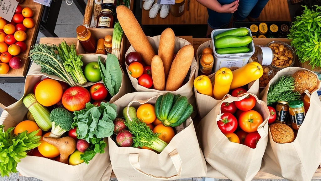 Overhead view of farmers market shopping bags filled with colorful fresh produce, artisanal bread, honey jars, and prepared foods, wooden market stall background with vendor interactions visible