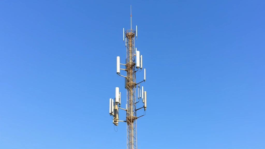 Modern wireless communication tower with multiple antennas against blue sky, professional telecommunications infrastructure photography, daylight outdoor setting