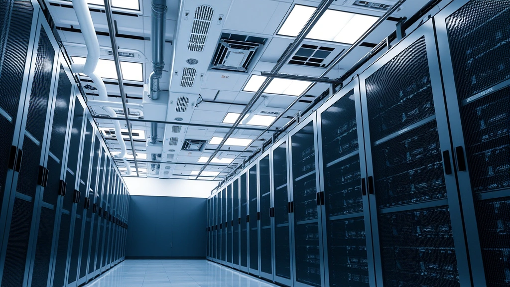 Data center server room with cooling systems and power distribution equipment, edge computing infrastructure, bright professional facility interior