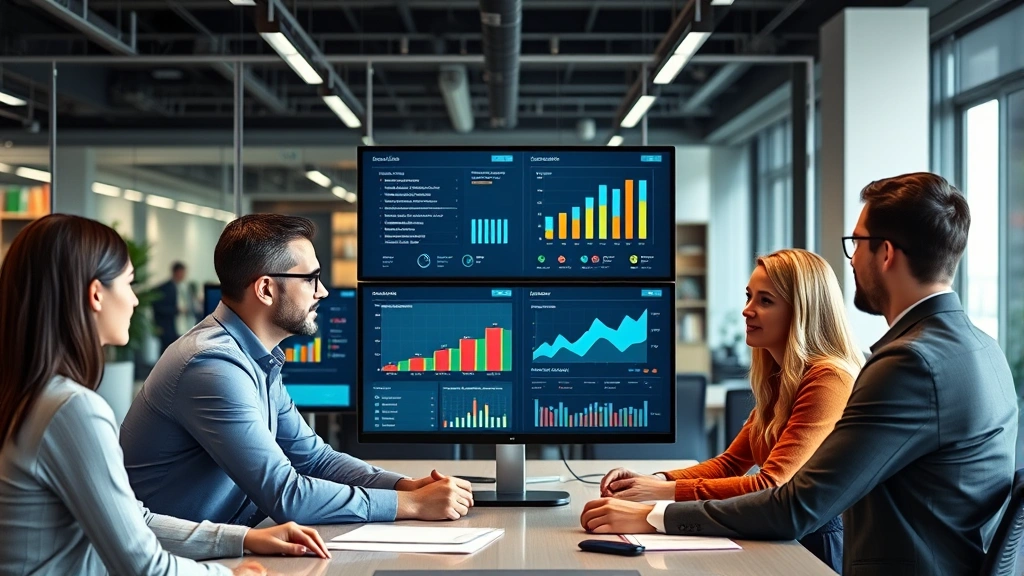 Professional business team collaborating around a modern digital dashboard displaying real-time inventory, sales analytics, and customer data across multiple channels, contemporary office setting with monitors showing integrated retail systems