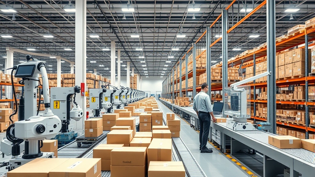 Modern ecommerce fulfillment center with robotic automation, conveyor systems, and workers managing packages, showing seamless integration between warehouse and retail operations, bright contemporary facility