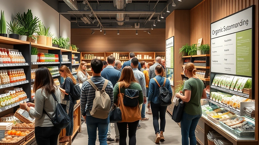 Diverse group of conscious consumers shopping in sustainable retail environment with eco-friendly packaging displays, organic product sections, and transparent supply chain information boards, modern minimalist store design