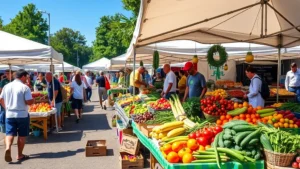 Vibrant outdoor farmers market with multiple vendor stalls displaying colorful fresh vegetables, fruits, and produce under white tents on a sunny morning, shoppers browsing and selecting items from tables