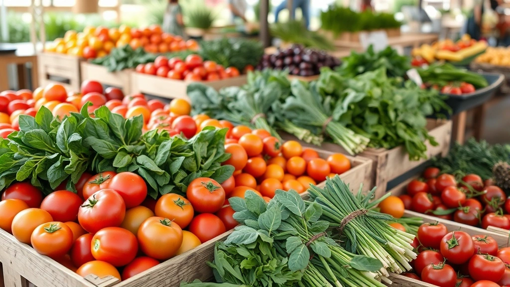Close-up of vendor's market stand with organized displays of heirloom tomatoes, leafy greens, fresh herbs in bundles, and seasonal produce arranged professionally on wooden crates and tables