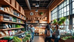 Professional grocery store interior with wooden shelves displaying fresh produce, artisanal products, and locally-made items, bright natural lighting, organized display, customers browsing, warm community atmosphere
