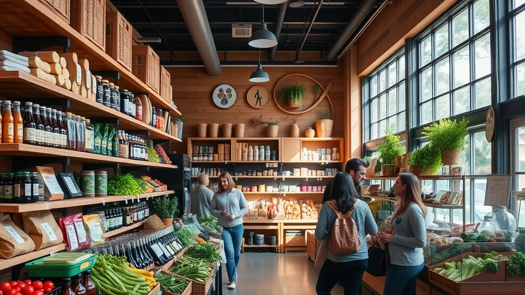 Professional grocery store interior with wooden shelves displaying fresh produce, artisanal products, and locally-made items, bright natural lighting, organized display, customers browsing, warm community atmosphere