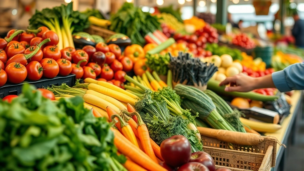 Close-up of fresh organic vegetables and fruits at farmer's market stand, vibrant colors, quality produce display, natural lighting, hands selecting items, authentic retail environment