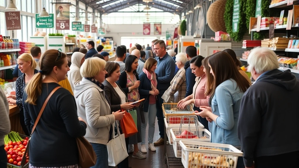 Community gathering in local market with diverse customers, staff interaction, shopping baskets, welcoming atmosphere, natural lighting, genuine customer service moments, local business environment