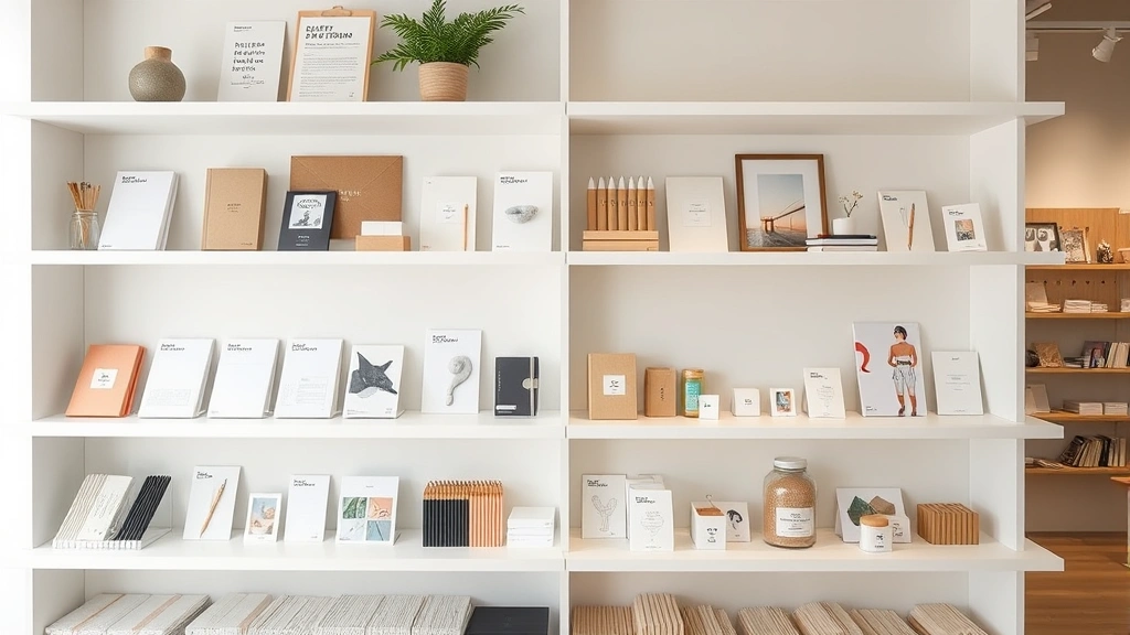 Japanese stationery and lifestyle products displayed on white shelves, including notebooks, pens, and decorative items in minimalist aesthetic, professional retail environment