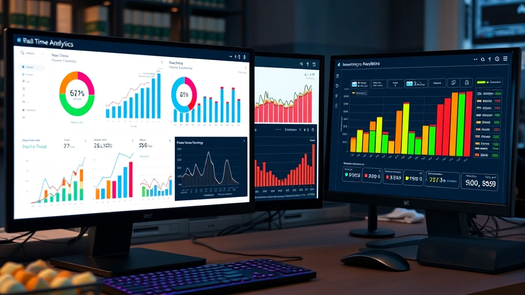 Real-time e-commerce analytics dashboard with colorful charts, sales metrics, customer data visualization, and inventory management systems displayed on computer screens