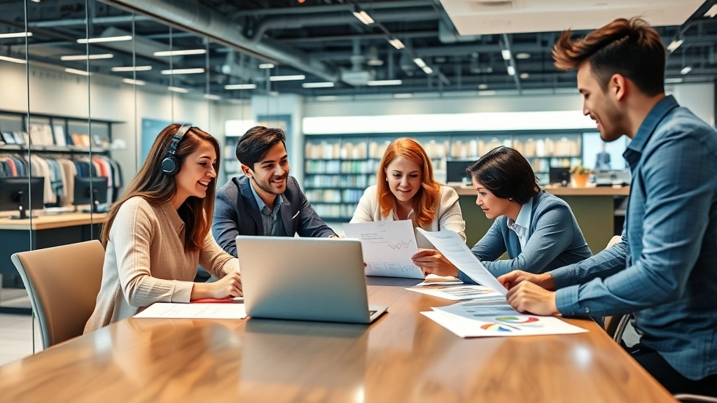 Diverse team of retail professionals in modern office collaborating around conference table with laptop, analyzing market data charts and consumer insights documents