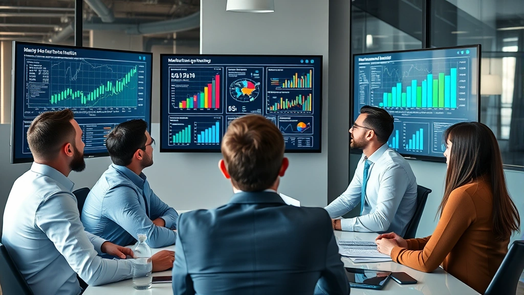 Professional business meeting with diverse team reviewing market analysis charts and graphs on large monitors in modern office setting, discussing US market expansion strategy