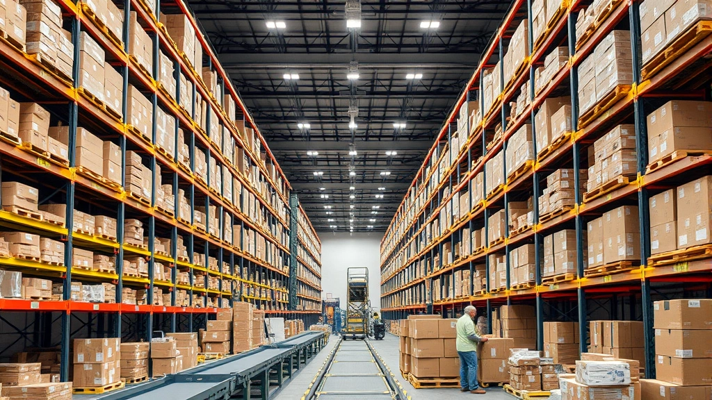 Modern fulfillment warehouse interior showing organized inventory shelves, conveyor systems, and workers packing orders for shipment across United States