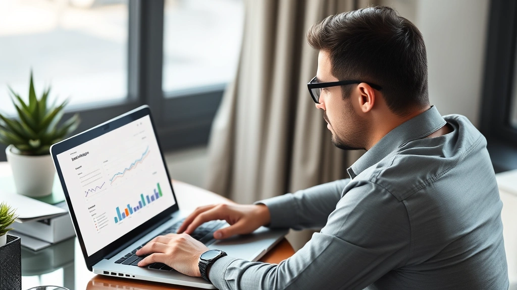 Entrepreneur reviewing digital marketing dashboard on laptop with analytics graphs, social media metrics, and customer data visualization for US market campaign