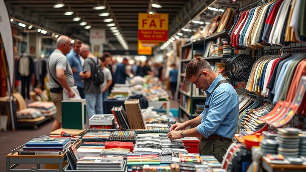 Professional flea market vendor arranging merchandise displays with organized shelving and professional lighting in a busy market booth environment, customers browsing in background