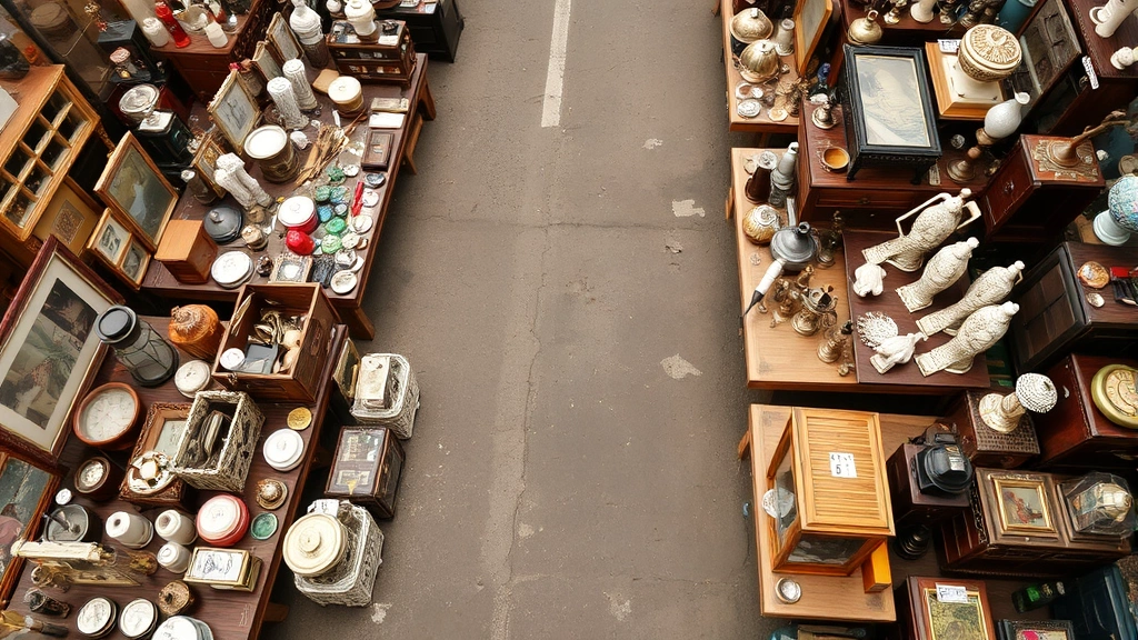 Overhead view of diverse flea market merchandise including vintage collectibles, household goods, and antiques neatly organized by category on tables with price tags visible