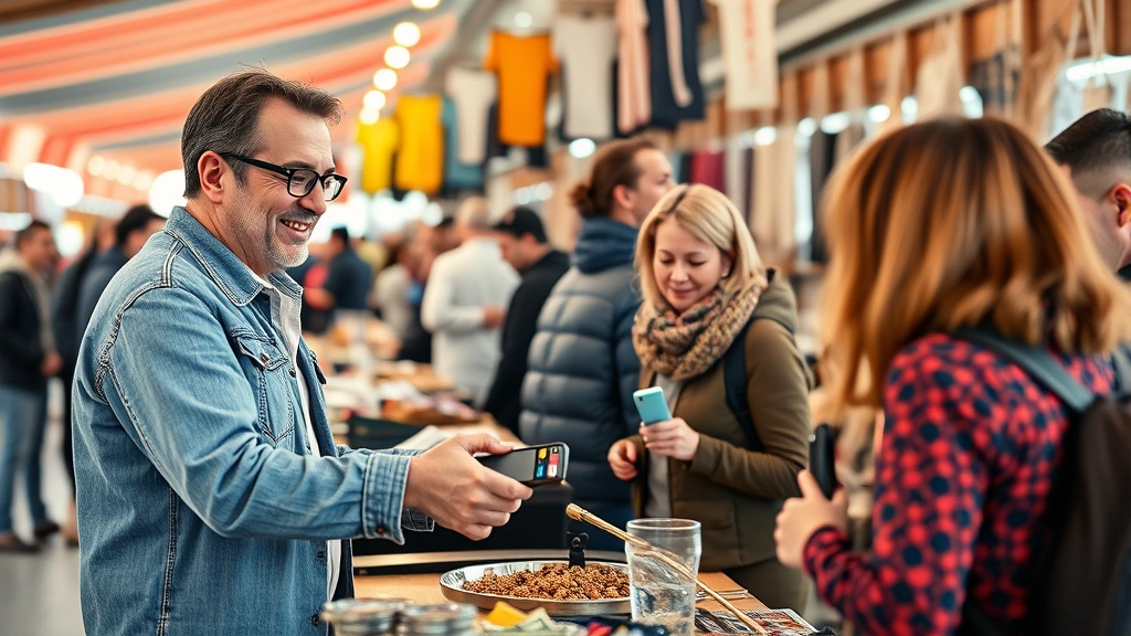 Successful flea market vendor engaging with customers at checkout counter with mobile payment device, smiling vendor taking cash and card payments, busy market atmosphere
