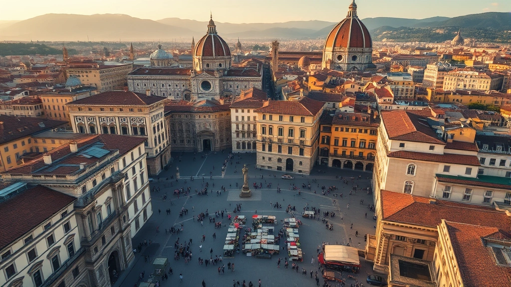 Aerial view of Florence's historic city center with Renaissance architecture, bustling piazza, and tourists shopping in outdoor markets, warm golden hour lighting, photorealistic