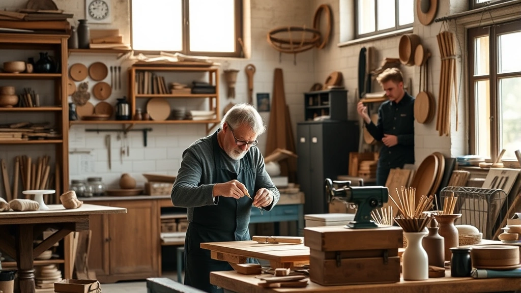Modern Italian artisan working with traditional craftsmanship tools in bright workshop, creating premium handmade goods, natural daylight streaming through windows, authentic commercial setting