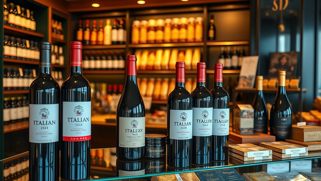 Elegant Italian wine bottles and gourmet food products displayed in upscale retail boutique, warm ambient lighting, premium packaging visible, sophisticated commercial environment