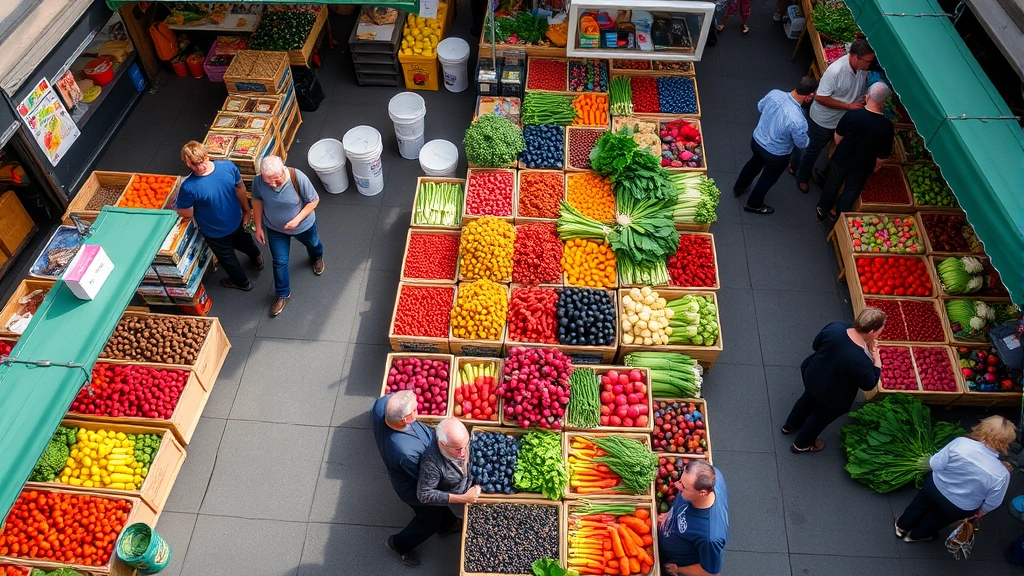 Overhead view of bustling farmers market with colorful produce displays, customers browsing vegetable stalls, wooden crates of fresh berries and seasonal vegetables, natural daylight, urban neighborhood setting, vibrant market atmosphere