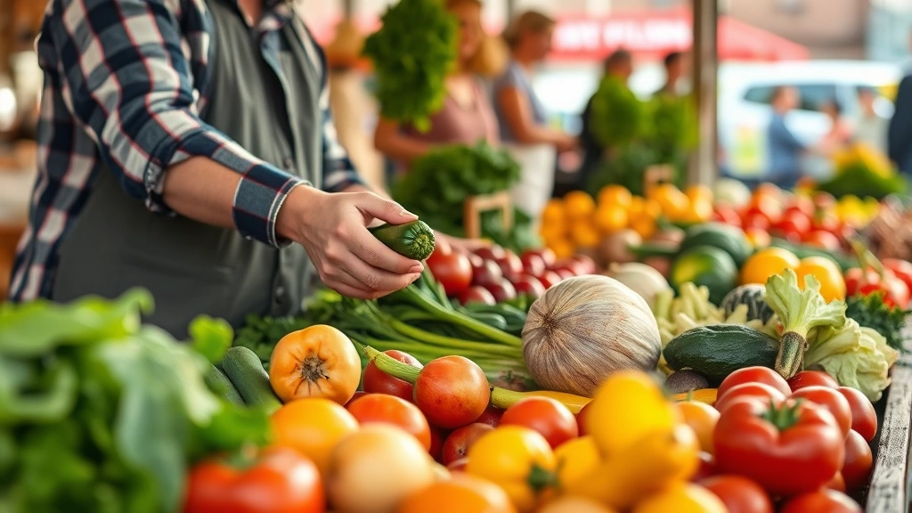Close-up of farmers market vendor interaction showing customer selecting fresh produce from wooden display table, hands holding vegetables, diverse selection of seasonal fruits and vegetables, morning light, authentic marketplace moment