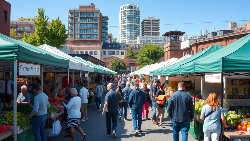 Wide shot of farmers market venue with multiple vendor tents, customers shopping, green canopies, Seattle urban neighborhood background, busy weekend market day, community gathering space with diverse people