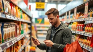 Professional male shopper examining product deals at modern grocery store shelf, holding smartphone with shopping app visible, surrounded by promotional signage and packaged goods, natural lighting from store windows, focused expression analyzing prices