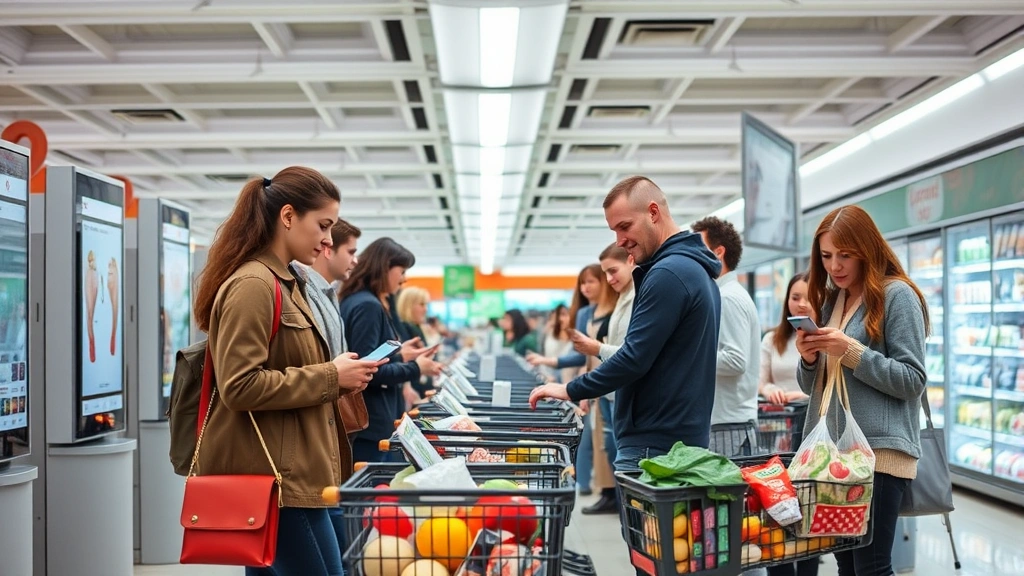 Diverse group of customers using self-checkout and mobile payment systems in contemporary retail environment, multiple shopping baskets with groceries, digital screens displaying promotions, clean modern store interior with bright LED lighting