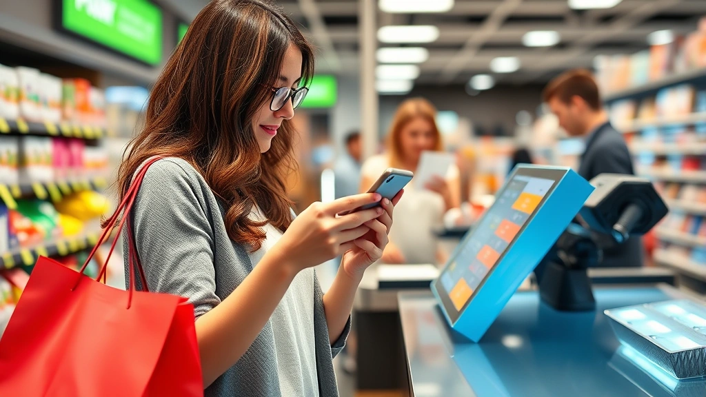 Female shopper scanning QR code on product with smartphone for loyalty program redemption, standing at checkout counter with shopping bags, cashier in background processing transaction, modern retail technology integration visible
