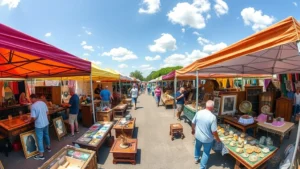 Wide-angle photograph of bustling outdoor flea market with vendors and customers browsing merchandise tables on sunny day, multiple colorful vendor tents, diverse merchandise displays including furniture and collectibles