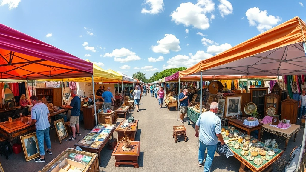 Wide-angle photograph of bustling outdoor flea market with vendors and customers browsing merchandise tables on sunny day, multiple colorful vendor tents, diverse merchandise displays including furniture and collectibles